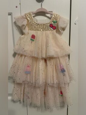 Lola + The Boys Cream Sequin & Tulle Tiered Party Dress with Fruit Appliqués